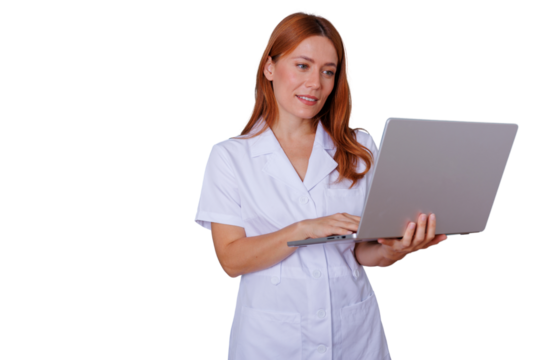 Female doctor using laptop for remote medical consultation and telecommunication, transparent background