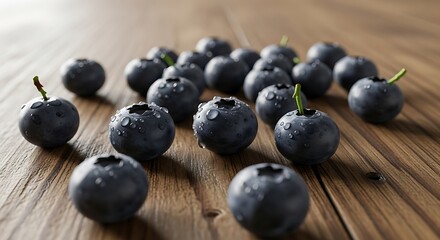 Fresh Blueberries Scattered on a Wooden Surface with Water Droplets.
