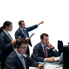 Four traders in blue jackets and ties working at desks with laptops and papers stock market trading floor