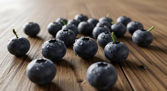 Fresh Blueberries Scattered on a Wooden Surface with Water Droplets. - Powered by Adobe