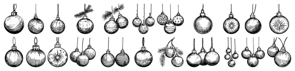 Hanging Christmas Ornaments Baubles Collection Hand Drawn Holiday Vector Set