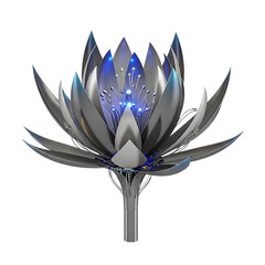 Futuristic metallic lotus flower sculpture with glowing blue L E D lights and intricate circuitry