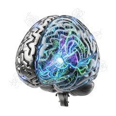 Futuristic metallic brain with glowing neon neural network pathways and electrical connections human brain