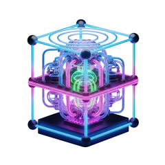 Futuristic neon glowing energy core with intricate tubes and a central green orb image