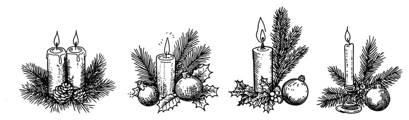 Christmas Candle Decoration Set Hand Drawn Vector Sketch Advent Holiday Vintage Illustration