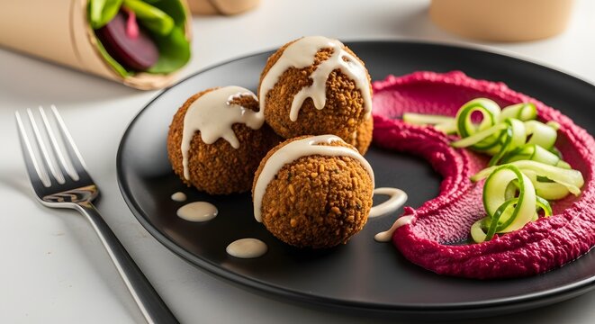 Crispy Falafel with Swirled Beetroot Hummus, Tahini, and Cucumber Salad