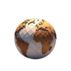 Geometric golden continents on faceted white earth sphere against black background globe world