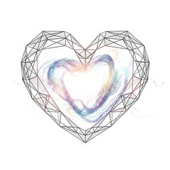 Geometric heart shape with colorful galaxy nebula and scattered dots on black background cosmos