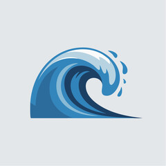 A stylized illustration of a powerful blue ocean wave curling and splashing, depicted against a light background.