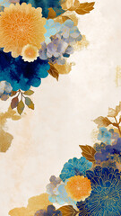 Fototapeta premium 新年を彩る華やかな和柄デザイン背景・和風フレーム・伝統模様・金色装飾・筆タッチ・水彩テクスチャ・年賀・正月・縦構図素材