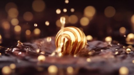 A golden, swirling orb rests on dark liquid, surrounded by bokeh, suggestive of movement and richness - Powered by Adobe