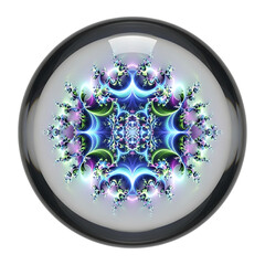 Glowing fractal mandala pattern inside a clear glass sphere with black background image