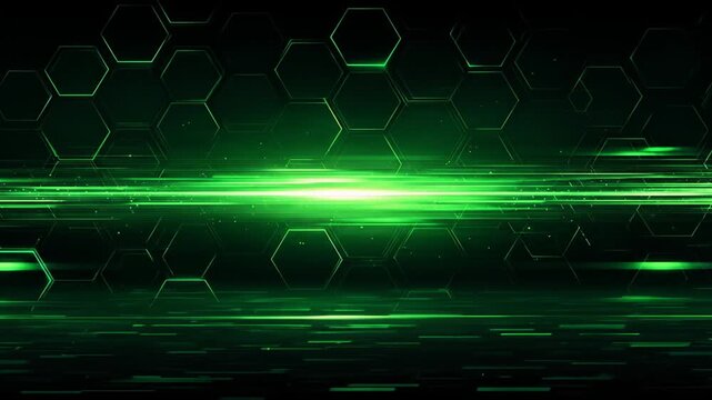 A vibrant, neon green digital background, featuring hexagonal patterns and glowing light effects on dark