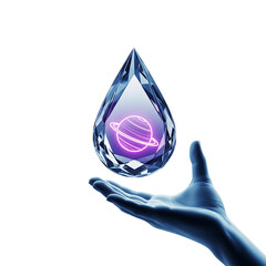 Hand holding a faceted crystal teardrop containing a glowing purple planet with rings image