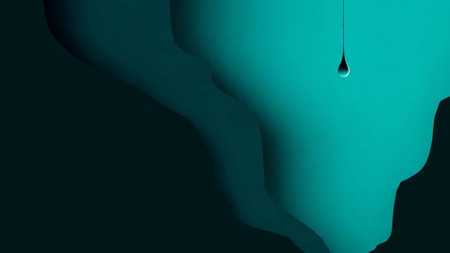 A stylized image featuring a turquoise background with an organic, dark, shadowed shape and water droplets