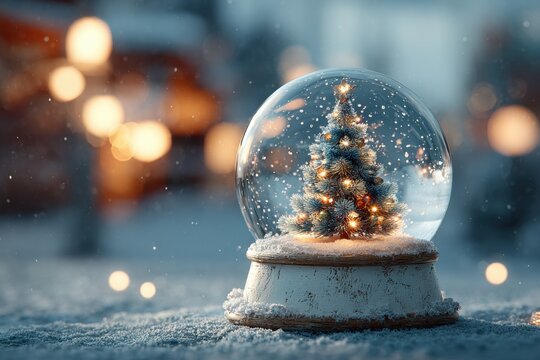 Glittering christmas tree inside a snow globe rests on a snowy surface with bokeh lights in the background