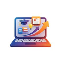 Laptop displaying graduation cap open book lightbulb and rising arrow graphic computer education