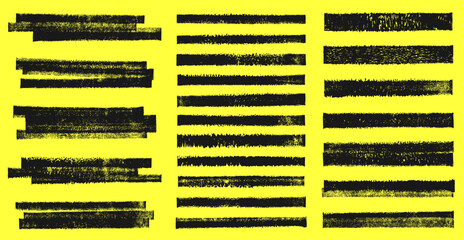 Grunge linocut rectangle stripes streaks, layered shapes rough distressed textured set. Artistic dividers borders backgrounds text box frames collection. Paint roller stains, lino ink grungy remains