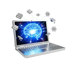 Laptop screen displays glowing blue brain with educational symbols floating around computer human brain