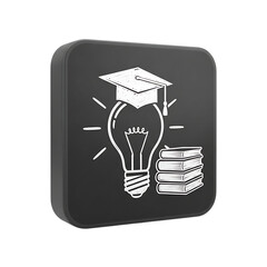 Light bulb with graduation cap and stack of books icon on dark square background education learning