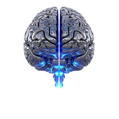Metallic brain with glowing blue circuits on black background chrome silver