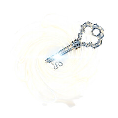 Ornate Crystal Key Emerging from Swirling White Light and Smoke on Black Background antique vintage