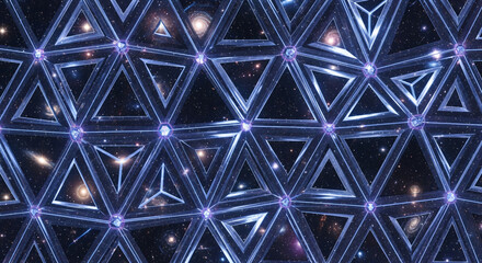 A futuristic triangular lattice structure with glowing nodes offering a view of the infinite cosmos and distant galaxies in deep space