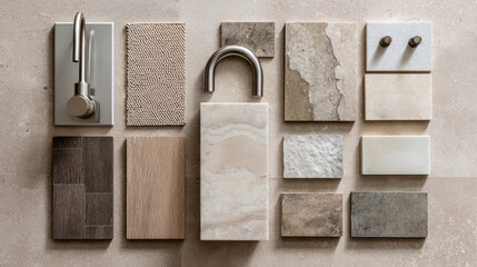 bathroom renovation moodboard with tile samples, faucet parts, marble
