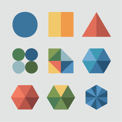 A grid of nine colorful flat design geometric shapes including circles, squares, and segmented hexagons on a light grey background.