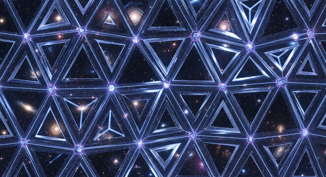 A futuristic triangular lattice structure with glowing nodes offering a view of the infinite cosmos and distant galaxies in deep space