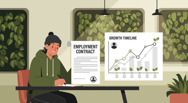 Person reviewing an employment contract and company growth timeline at the desk
