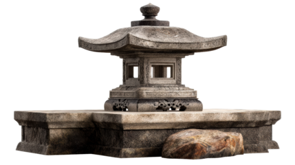 Stone lantern with layered base and rounded rock