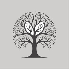 Stylized intricate tree logo design with numerous branches and central leaves on a grey background.