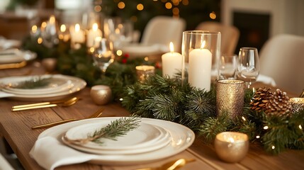 Christmas table setup candles pine garland centerpiece elegant dinnerware golden cutlery cozy interior no faces visible festive mood
