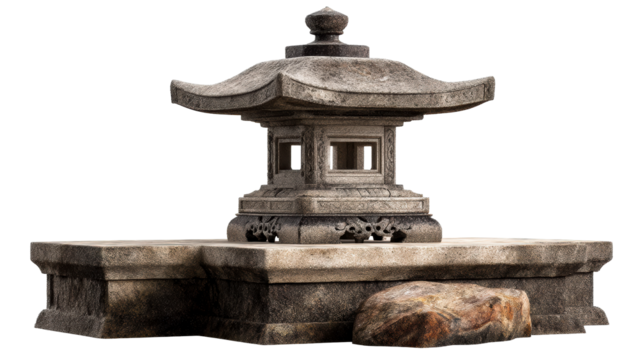 Stone lantern with layered base and rounded rock