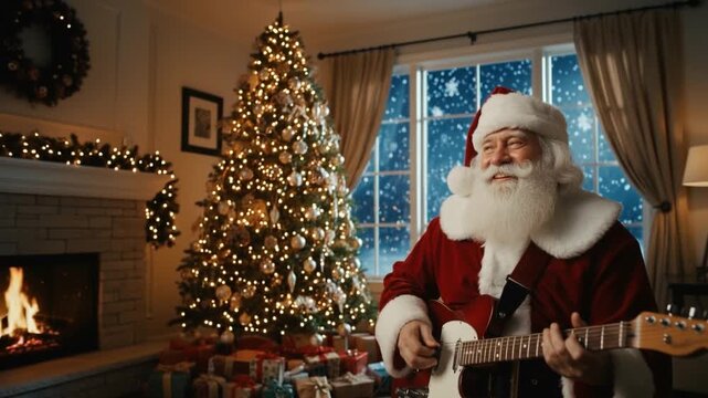 Santa Claus joyfully playing an electric guitar beside a glowing Christmas tree and cozy fireplace, surrounded by wrapped presents, capturing the festive holiday spirit.