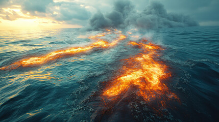 Fototapeta premium Oil Spill and Fire on Ocean Surface Under Dramatic Clouds