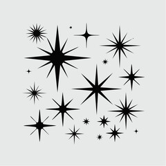 A collection of black starburst and sparkle shapes in various sizes on a light grey background, ideal for graphic design elements.