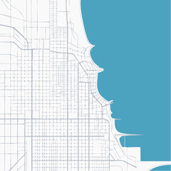 Minimalist map illustration of a city grid next to a large body of water with an irregular coastline, rendered in light grey and blue.