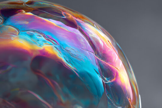 iridescent soapbubble floating in soft light with shimmering rainbow reflections and delicate clarity