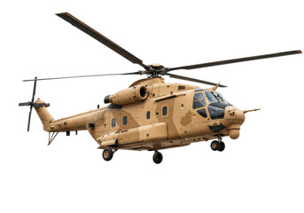 Isolated military transport helicopter for combat troops in desert colors, ready for action