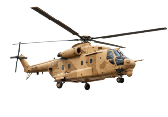 Isolated military transport helicopter for combat troops in desert colors, ready for action