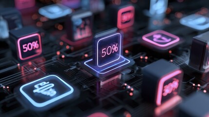 Futuristic digital interface with 50% icon highlighting data and technology concepts