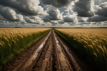 a mud road after rain in deep cloudy weather between wheat fields