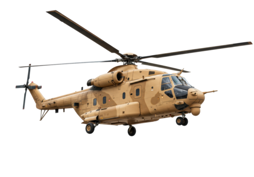 Isolated military transport helicopter for combat troops in desert colors, ready for action