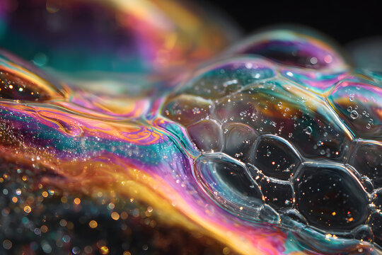 iridescent soapbubble floating in soft light with shimmering rainbow reflections and delicate clarity