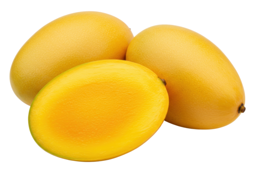 Isolated group of whole ripe mangoes ready to eat, summer tropical fruit for dessert, natural food