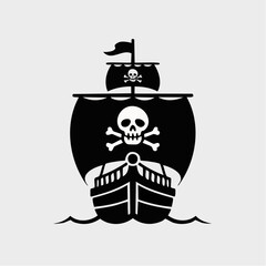Front view black silhouette of a pirate ship with skull and crossbones sails and flag on waves.