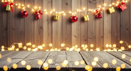 Rustic wooden background with glowing christmas lights and festive ornaments