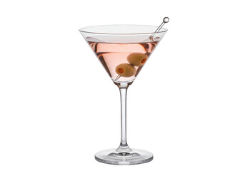 Isolated olive martini in a glass with pick, an aperitif or cocktail against a plain background